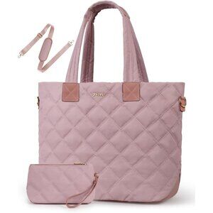 Prite Women Pink Polyester Compartment Quilted Puffer Shoulder Tote Work Bag